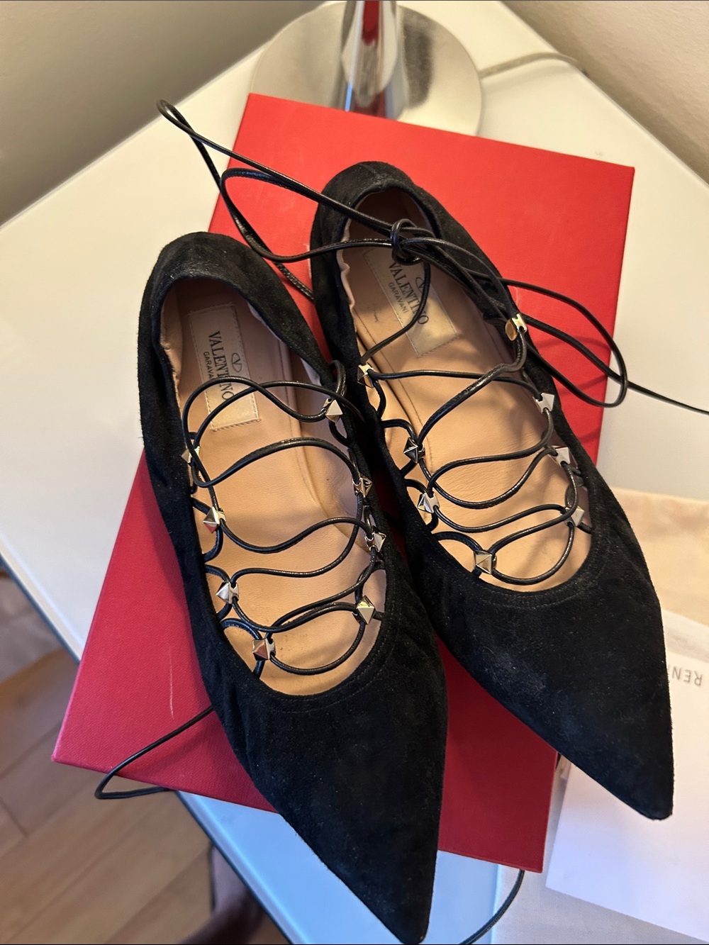 Valentino Black Suede Lace-Up Pointed-Toe Flats with Stud Detail